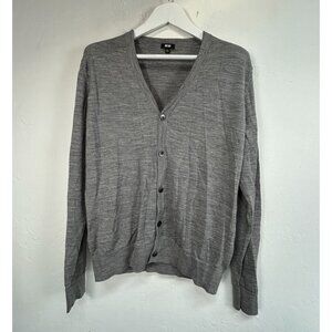Uniqlo Mens Gray V-Neck 100% Wool Button-Up Cardigan Sweater Large Lightweight